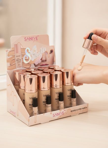 Caja exhibidora de bases de maquillaje líquidas Saniye Soft Matte