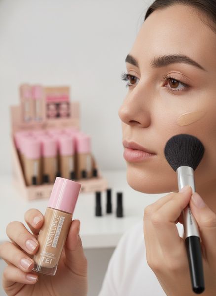 Exhibidor de cartón con bases líquidas de maquillaje TEI Infallible con tapa rosa