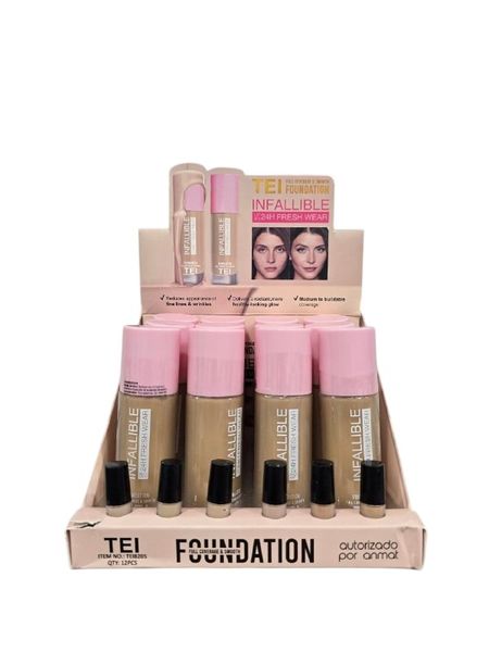 Exhibidor de cartón con bases líquidas de maquillaje TEI Infallible con tapa rosa