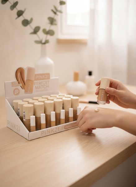 Caja exhibidora de bases líquidas Pink 21 Perfect Match