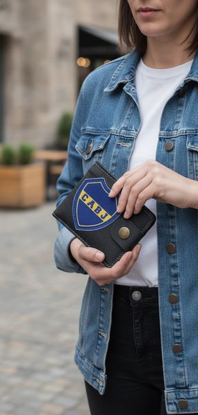 Billeteras de color negro con escudo de Boca Juniors y broche a presión