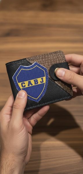 Billetera negra con el escudo bordado de Boca Juniors y cierre con broche a presión