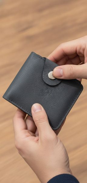 Tres billeteras plegables con broche metálico en colores negro, gris y azul marino