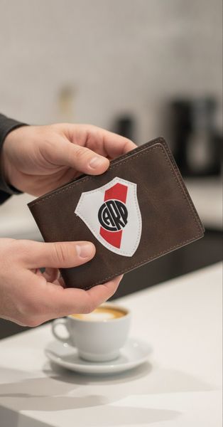 Tres billeteras de símil cuero en tonos marrón, borravino y suela con el escudo de River Plate