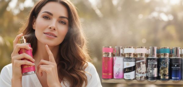Variedad de frascos de body mist y perfumes corporales en spray.