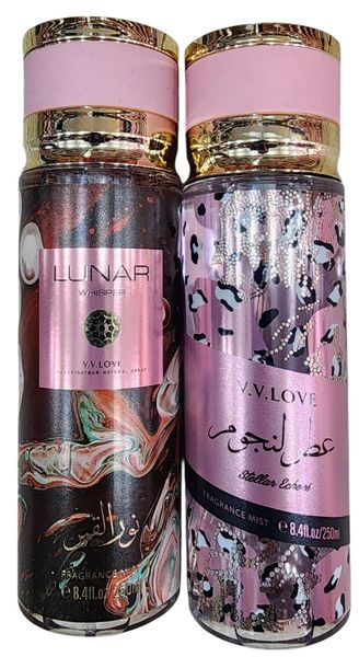 Dos frascos de fragancia corporal body mist V.V.LOVE de 250ml con tapas doradas