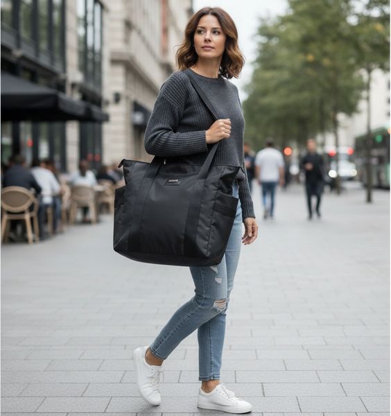 Bolso tote amplio de color negro con manijas al hombro y bolsillos laterales