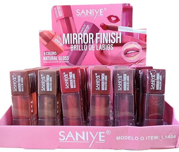 Caja exhibidora de cartón rosa con brillos de labios marca Saniye Mirror Finish en varios tonos.