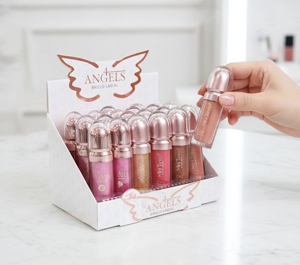 Caja exhibidora con brillos labiales 4 Angels en tonos rosados, dorados y nudes