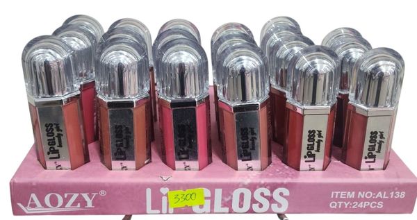 Caja exhibidora con 24 brillos labiales marca AOZY en tonos surtidos