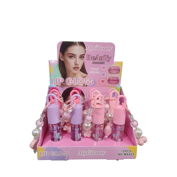 Caja exhibidora con 12 brillos labiales rosados y violetas con llavero de cuentas Muxi Beauty