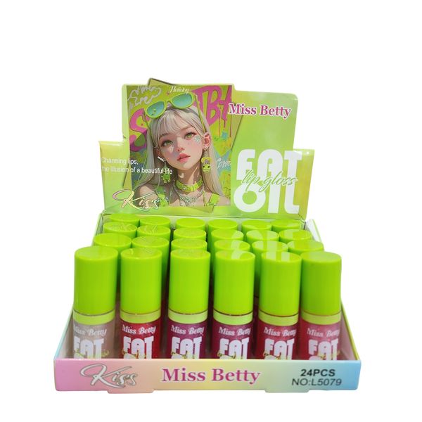 Exhibidor de cartón verde con 24 brillos labiales Miss Betty Fat Oil con tapas verdes.