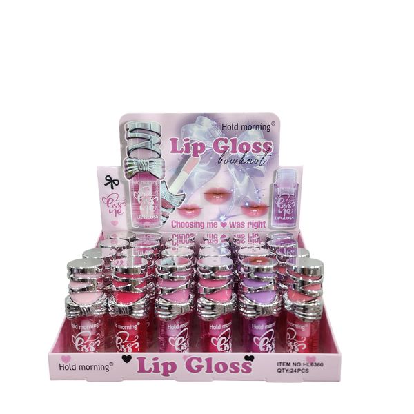 Exhibidor con brillos labiales Hold Morning con tapas en forma de moño plateado