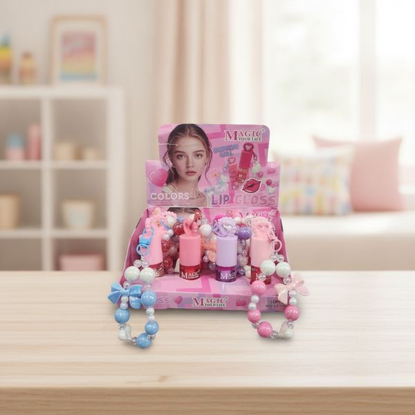 Caja exhibidora de brillo labial infantil Magic Your Life con adornos de cuentas