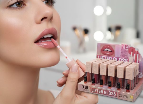 Exhibidor exhibiendo 24 unidades de brillo labial Lifter Gloss marca TEI en tonos surtidos