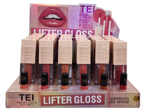 Exhibidor exhibiendo 24 unidades de brillo labial Lifter Gloss marca TEI en tonos surtidos
