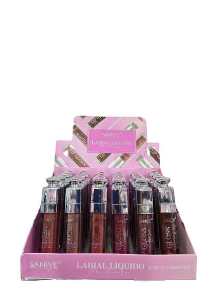 Caja exhibidora rosa de brillo labial líquido marca Saniye con tapas plateadas metalizadas