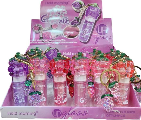 Caja exhibidora de brillos labiales con llavero y diseño de uva de la marca Hold Morning