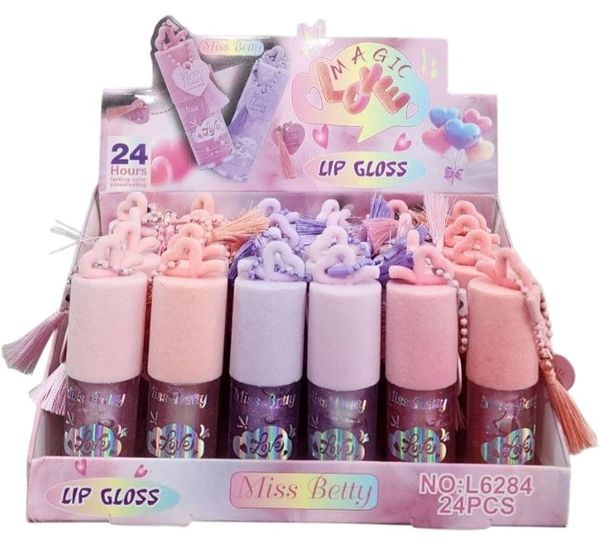 Caja exhibidora con 24 brillos labiales Miss Betty Magic Love con detalles de borlas