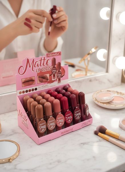 Exhibidor exhibidor de brillo labial matte Hudamoji x 24 unidades en variados tonos