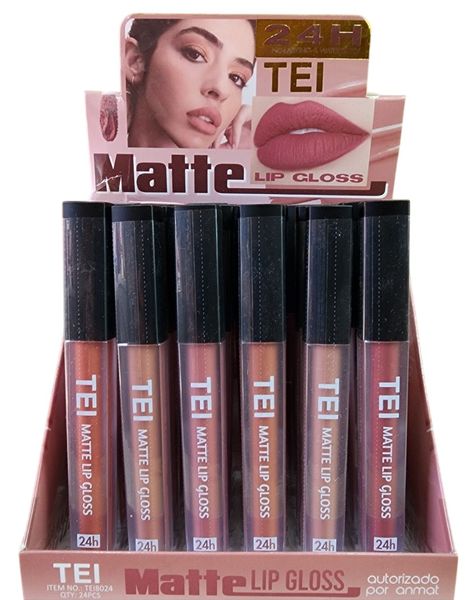 Exhibidor con 24 unidades de brillo labial matte TEI 24h en tonos nudes y rosados