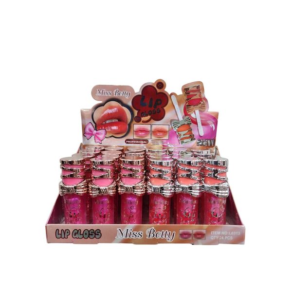 Caja exhibidora con 24 unidades de brillo labial marca Miss Betty con tapas decorativas metálicas