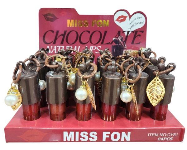 Caja exhibidora de 24 brillos labiales Miss Fon Chocolate Natural Lips con llavero y dijes.