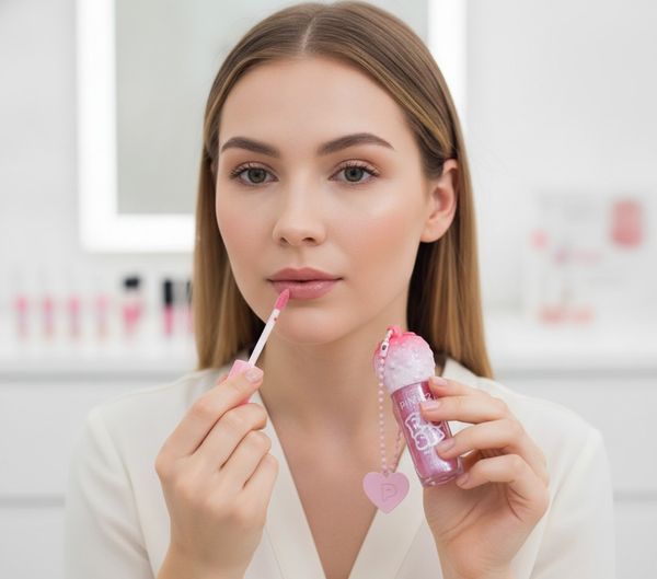 Caja exhibidora de brillos labiales Pink 21 Fresh Collection con envase con forma de frutilla