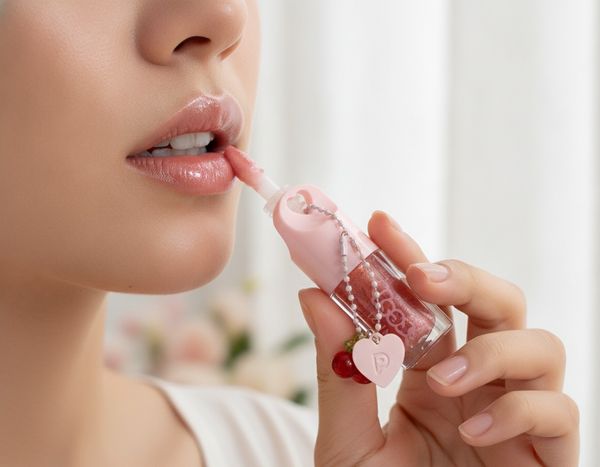 Caja exhibidora con brillos labiales Pink 21 Fresh Collection en envases rosas con dijes colgantes