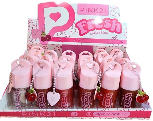 Caja exhibidora con brillos labiales Pink 21 Fresh Collection en envases rosas con dijes colgantes