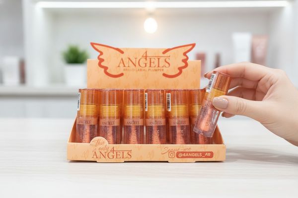 Caja exhibidora con brillos labiales plumper de la marca 4 Angels