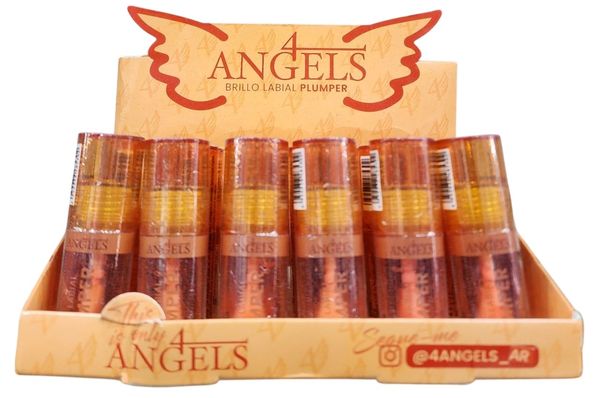 Caja exhibidora con brillos labiales plumper de la marca 4 Angels