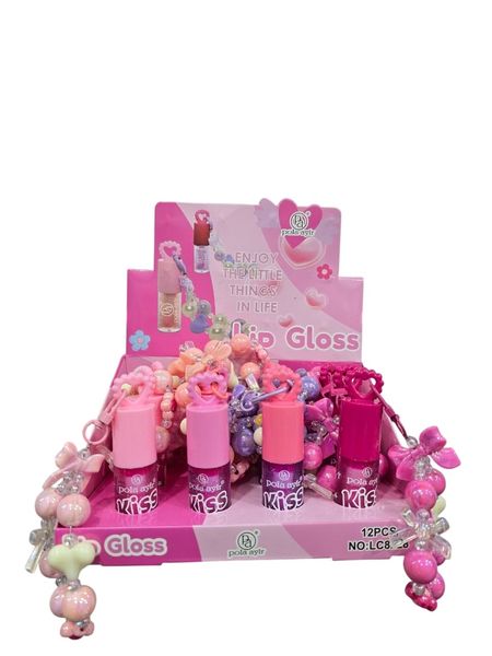 Caja exhibidora de 12 brillos labiales rosa marca Pola Aylr con llaveros de cuentas