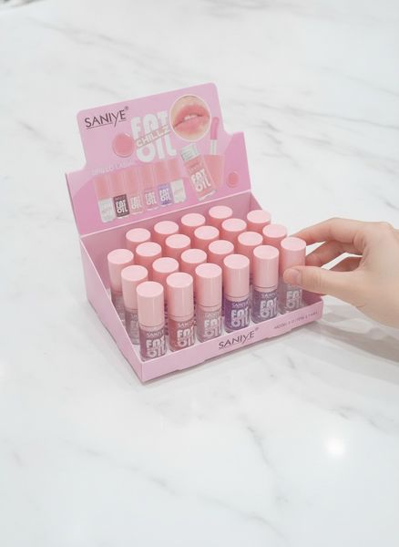 Caja exhibidora de brillos labiales Saniye Fat Oil Chillz con tonos surtidos