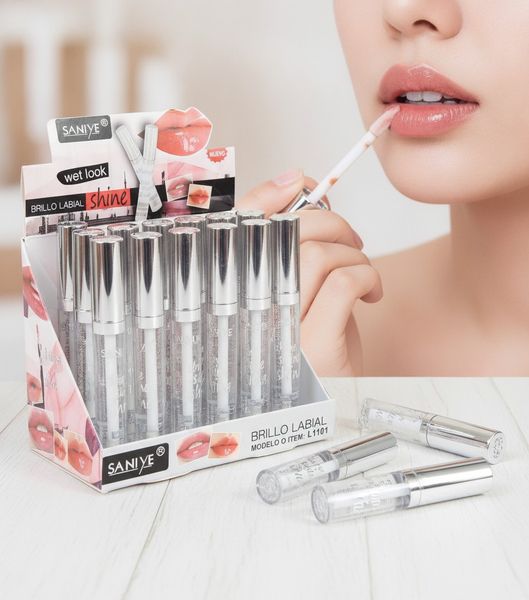 Exhibidor con brillos labiales transparentes Saniye Wet Look Shine modelo L1101