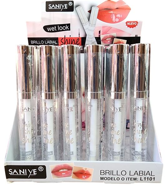 Exhibidor con brillos labiales transparentes Saniye Wet Look Shine modelo L1101