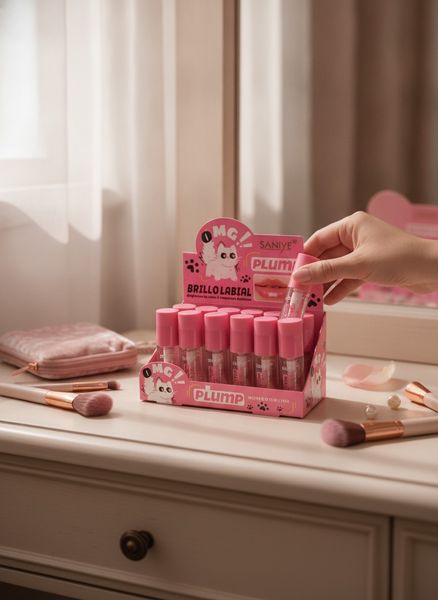 Exhibidor rosado con brillos labiales Saniye OMG Plump