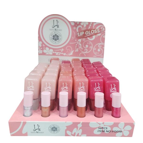 Caja exhibidora rosa con 36 brillos labiales marca Venus Queen en distintos tonos.