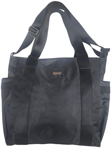 Cartera negra de nylon con manijas reforzadas, correa regulable y bolsillos laterales