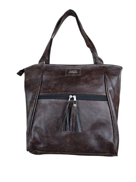 Cartera de hombro marrón oscuro con bolsillo frontal de cierre y flecos