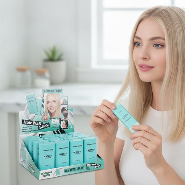 Caja exhibidora con 24 ceras en barra para peinar antifrizz Romantic Rain Slickfix