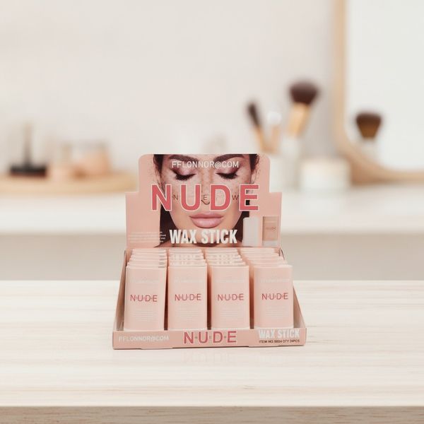 Exhibidor mostrador color rosa con barras de cera peinadora Nude Wax Stick de Fflonnor
