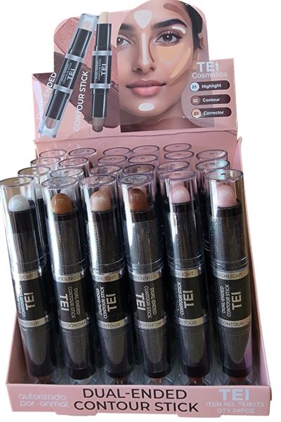 Caja exhibidora con 24 unidades de sticks de contorno e iluminador doble punta marca TEI Cosmética