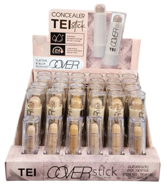 Caja exhibidora con 24 correctores faciales en barra TEI Cover Stick