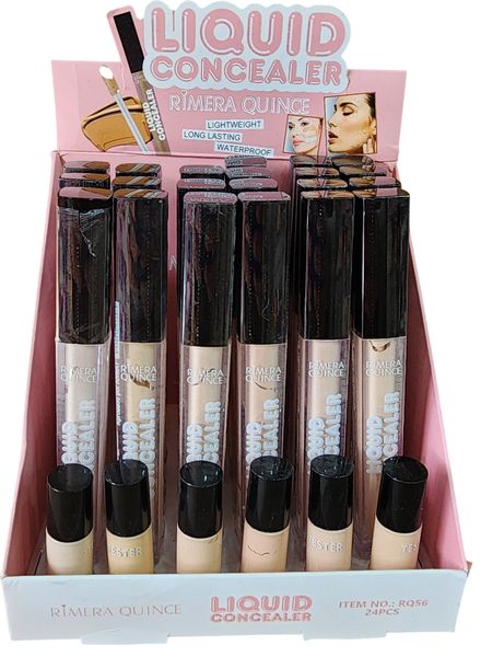 Caja exhibidora de corrector líquido Rimera Quince por 24 unidades con testers en el frente.
