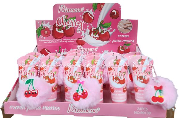 Caja exhibidora de cremas para manos Rimocoo Cherry con pompones rosados