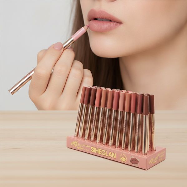 Caja exhibidora con lápices delineadores de labios marca Siheglan en varios tonos