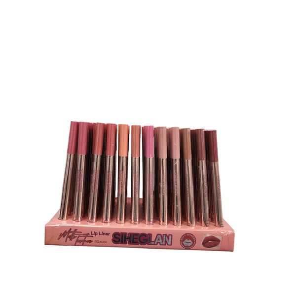 Caja exhibidora con lápices delineadores de labios marca Siheglan en varios tonos