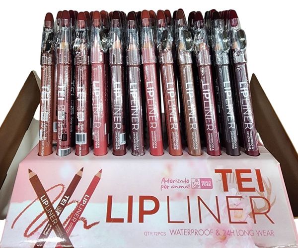 Caja exhibidora con delineadores de labios marca TEI en tonos surtidos