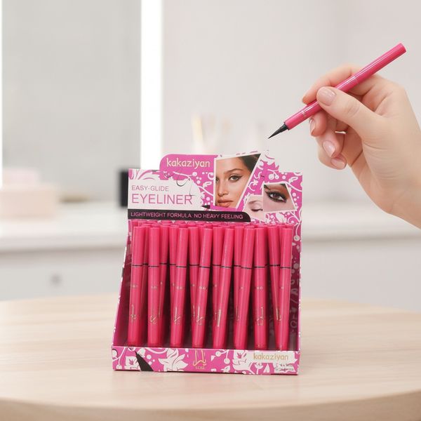 Exhibidor con delineadores de ojos rosados marca Kakaziyan Easy-Glide
